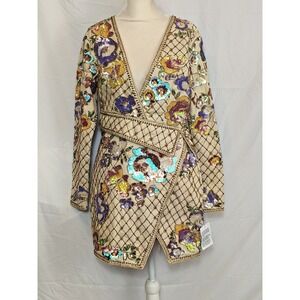 ASOS Sequin Mini Wrap Dress Size 8 Ornate Embellished Floral Beaded Long Sleeve